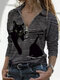 Blusa de desenho animado listrado com estampa de gato com lapela com zíper e manga longa - Preto