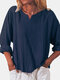 Solid Color Cotton V-neck Loose Long Sleeve Casual Blouse for Women - Navy