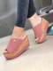 Large Size Women Comfy Peep Toe Solid Color Platform Wedges Slippers - Pink