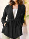 Women Solid Color Knotted Pocket Lapel Collar Long Sleeve Coat - Black