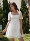 Comprobar romántico elegante cuello cuadrado escalonado manga corta Vestido - Blanco