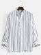 Mens Vertical Striped Stand Collar Cotton Casual Long Sleeve Henley Shirts - White