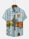 Mens Cactus Desert Landscape Print Button Up Short Sleeve Shirts - Blue