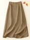 Women Solid Color Zip Back Cotton Casual Skirt - Khaki