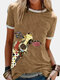 Giraffe Printed Short Sleeve O-neck T-shirt For Women - Khaki