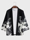 Mens Japanese Wave Print Open Front Loose 3/4 Sleeve Kimono - Black