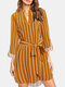 Striped Long Sleeve Stand Collar Asymmetrical Dress With Belt - Yellow