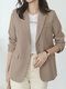 Women Solid Long Sleeve Button Front Lapel Blazer - Khaki