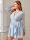 Plus Size V-neck Wrap Design Long Sleeves Dress - Light Blue