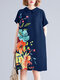 Women Floral Print Lapel Casual Short Sleeve Dress - Blue