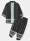Mens Argyle Geo Print Open Front Kimono Cropped Two Pieces Outfits - Black