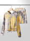 Plus Size Women Tie Dye Cotton Long Sleeve Hooded Drawstring Shorts Pajamas Sets - Yellow