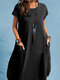 Solid Pocket Short Sleeve Round Neck Cotton Casual Dress - Black