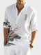 Mens Chinese Landscape Print Stand Collar Half Button Henley Shirts - White