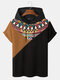 Mens Ethnic Pattern Color Block Patchwork Short Sleeve Hooded T-Shirts - Brown
