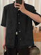 メンズソリッドフリンジトリムメタルボタン半袖シャツ - 黒