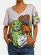 Cute Dogs Print Short Sleeve V-neck Plus Size T-shirt - Grey