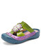Socofy本革ハンドメイドレトロボヘミアンエスニックカラーブロックボタンフラワー装飾Soft快適な屋外スリッパ - 紫