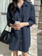 女性プレーンラペルダブルポケットボタンフロントデニムシャツドレス - 濃紺