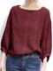 Check Pattern Puff Sleeve Crew Neck Casual Blouse - Red
