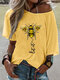 Flower Bee Letter Print Short Sleeve T-shirt For Women - Yellow