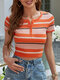 Stripe Print Knit Button Short Sleeve Crew Neck Crop Top - Orange