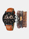 5 Pcs/Set PU Alloy Men Business Casual Watch Decorated Pointer Quartz Watch Bracelets - Gold+Brown