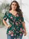 Floral Print V-neck Half Sleeve Plus Size Knotted Blouse for Women - Green