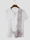 Mens Chinese Plum Bossom Print Lace Up Neck Short Sleeve T-Shirts - White
