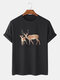 Plus Size Mens Deer Oil Painting Print Casual O-Neck Cotton T-Shirt - Black