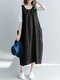 女性ソリッドサイドポケットクルーネックカジュアルノースリーブドレス - 黒