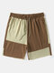 Mens Two Tone Patchwork Preppy Mid Length Drawstring Shorts - Coffee
