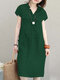 Solid Short Sleeve Pocket Drawstring Button Dress - Green