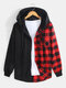 Mens Contrast Check Patchwork Long Sleeve Casual Flannel Hooded Shirts - Red