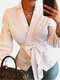 Solid Color V-neck Lapel Long Sleeve Blouse with Belt - White