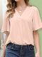 Ruffle Sleeve V-neck Solid Casual Blouse For Women - Pink