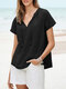 Solid Tassel Knotted V Neck Casual Blouse - Black