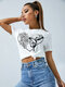 Butterfly Flower Print Crew Neck Short Sleeve T-shirt - White