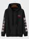 Mens Rose Chinese Character Sleeve Print Pouch Pocket Casual Drawstring Hoodies - Black