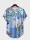 Herren T-Shirts mit Blumenmuster und Hand-Account-Print, abgerundetem Saum, kurzärmelig - Blau