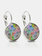 Bronze Glass Round Multicolor Cat Looking Sideways Print Pendant Women Earrings - Silver