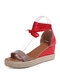 Large Size Women Casual Rhinestone Lace Up Sandals Espadrille Wedges - Red