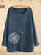 Flower Printed Long Sleeve O-neck Button Blouse For Women - Navy