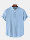 Mens Basic Solid Color Linen Short Sleeve Henley Shirt - Blue