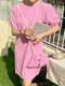 Check Print Casual Crew Neck Puff Sleeve Dress - Pink