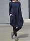 Solid Color O-neck Long Sleeves Casual Dress With Pocket - Navy