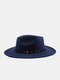 Unisex Woolen Felt Solid Color Strap Decoration Big Flat Brim Top Hat Fedora Hat - Navy