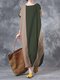Vintage Contrast Color Loose O-neck Short Sleeve Dress For Women - Dark Green