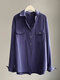 Women Solid Long Sleeve Lapel Button Front Shirt - Purple