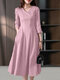 Women Solid V-Neck Casual 3/4 Sleeve Dress With Pocket - Pink